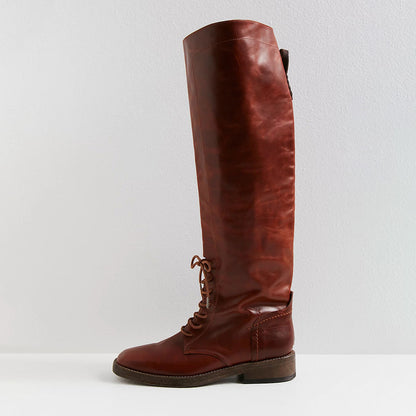 Lace-Up Vegan Leather Square Toe Flat Knee High Boots in Brown