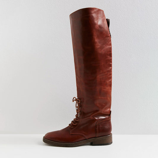 Lace-Up Vegan Leather Square Toe Flat Knee High Boots in Brown