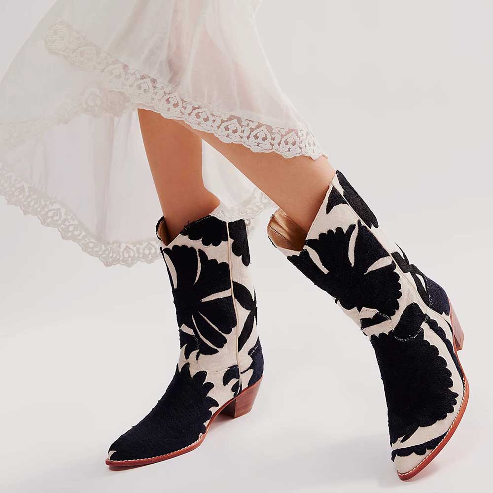 Black & Ivory Almond Toe Chunky Heel Plant Printed Mid Calf Boots