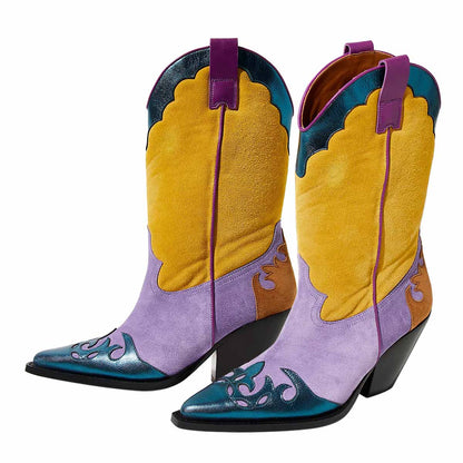 Yellow & Purple Patchwork Pointed Toe Cowgirl Boots with Chunky Heel