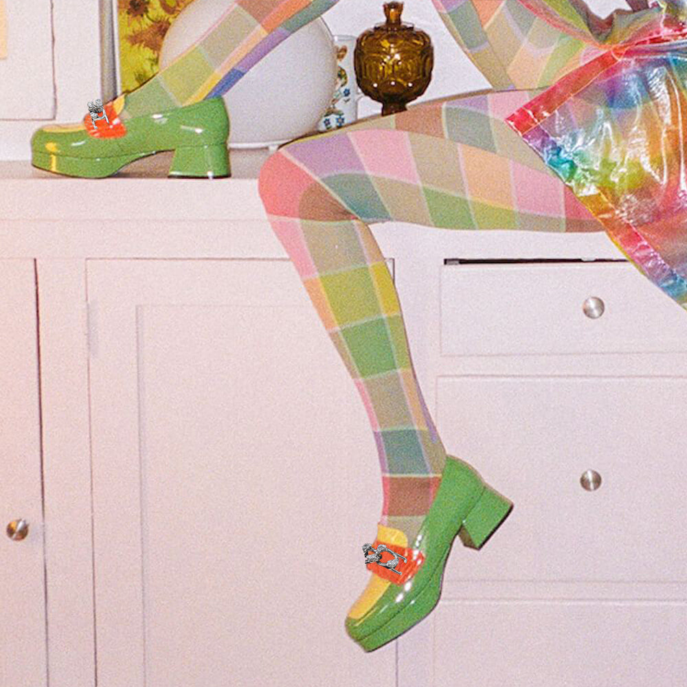 Multicolor Patent Leather Round Toe Block Heel Loafers with Chain