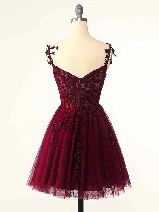 Vintage Burgundy Applique Sweetheart Spaghetti Strap Design A-line Tulle Party Dress Homecoming Dress TP4071
