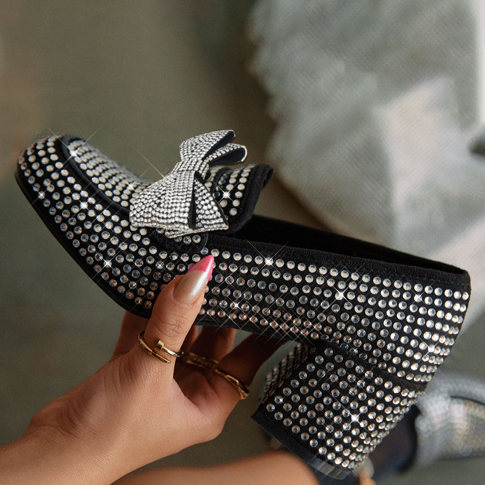Black Square Toe Rhinestone Loafers Bow Decorated Block Heel Pumps