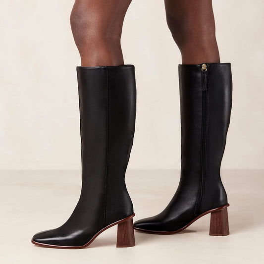 Black Vegan Leather Square Toe Chunky Heel Side-Zip Knee High Boots