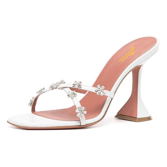 White Criss-Cross Flower Slip-On Open-Toe Flared Heel Mules Shoes