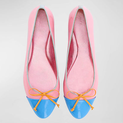 Pink Patent Leather Slip-On Bow Ballet Flats with Blue Toe Cap