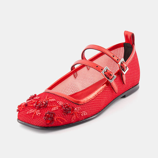 Red Mesh Floral Beads & Sequins Embellished Closed Toe Mary Jane Flats