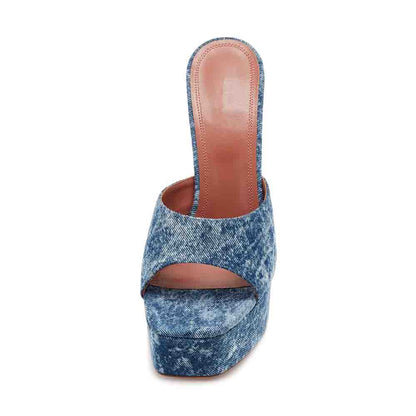 Women's Fashion Open Toe Flared Heels Blue Denim Platform Mules