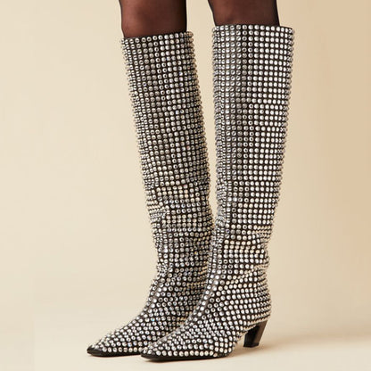 Stylish Rhinestone Embellished Chunky Heel Knee High Boots in Black