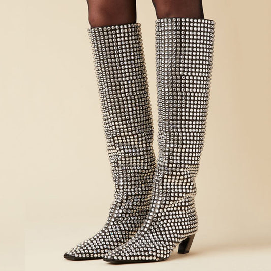 Stylish Rhinestone Embellished Chunky Heel Knee High Boots in Black
