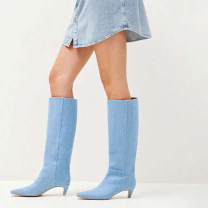 Blue Denim Square Toe Knee High Boots for Women with Kitten Heel