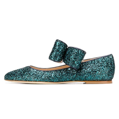 Green Glitter Bow Pointy Toe Comfortable Flats