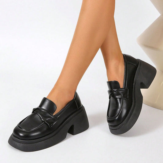 Black Closed Toe Chunky Heel Platform Loafers