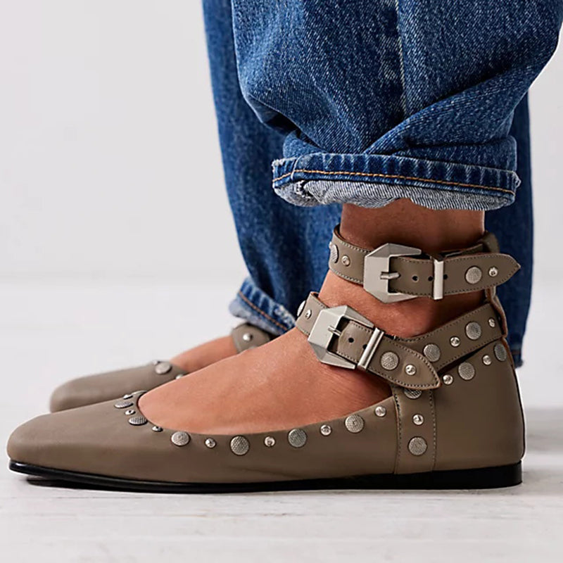 Women's Square Toe Studs Shoes Bucked Ankle Strap Flats in Brown