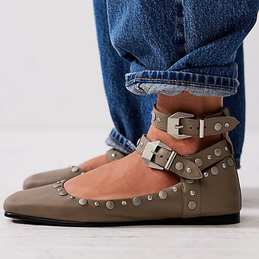 Women's Square Toe Studs Shoes Bucked Ankle Strap Flats in Brown