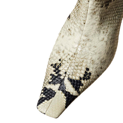 Beige & Black Python Printed Square Toe Kitten Heel Knee High Boots