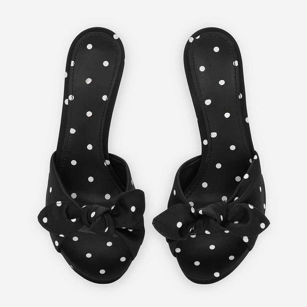 Black & White Polka Dot Open Toe Stiletto Heel Mules Shoes with Knot