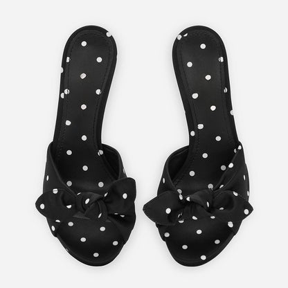 Black & White Polka Dot Open Toe Stiletto Heel Mules Shoes with Knot