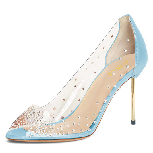 Women's Clear Heels Rhinestone Peep Toe Pumps Shoes in Blue