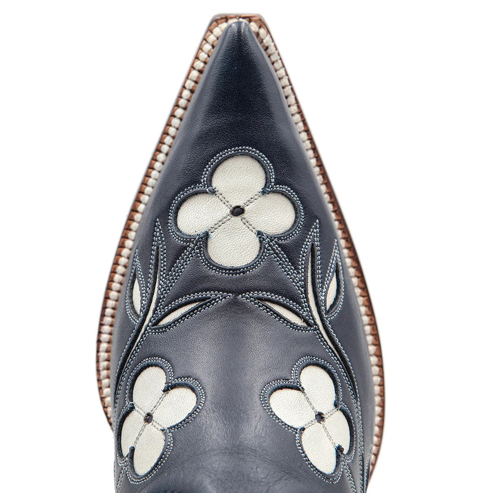 Navy Pointed Toe Stitching Flower Knee High Cowboy Boots for Women