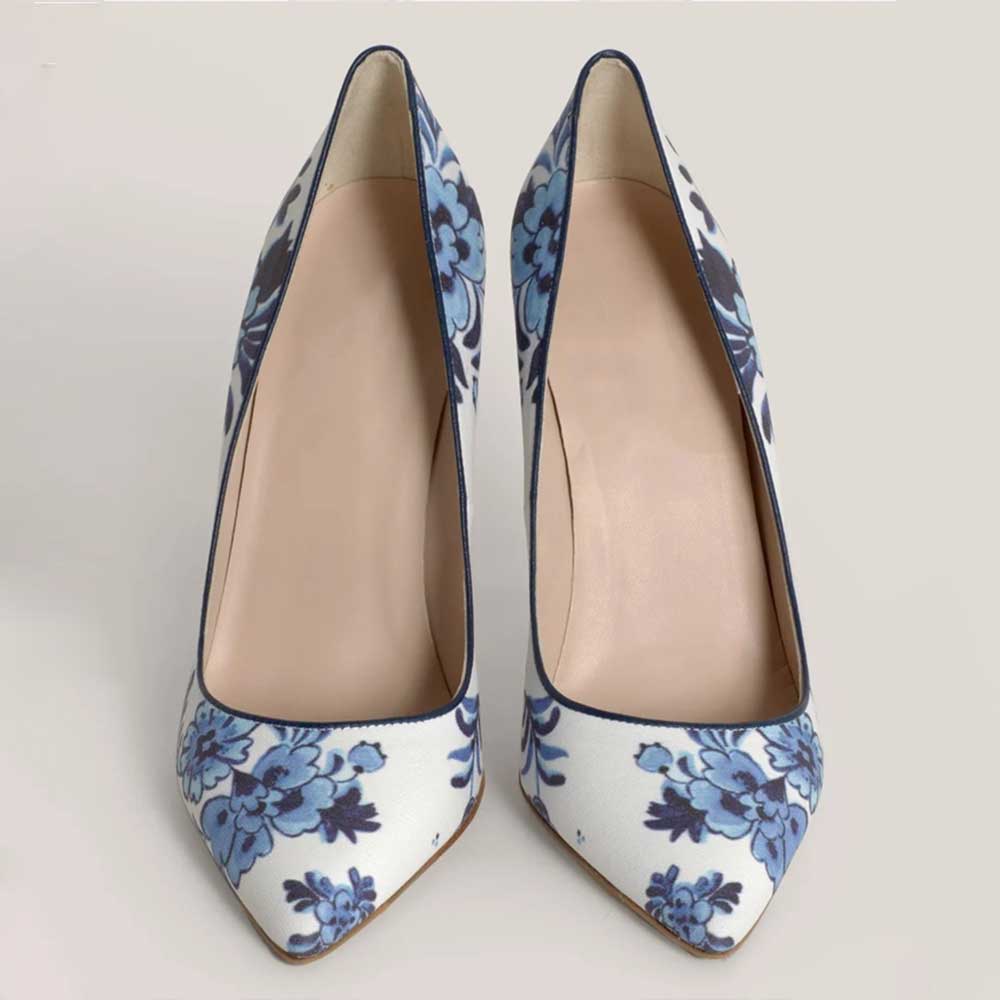 Women's White Pointed Toe Blue Floral Print Stiletto Heels Pumps