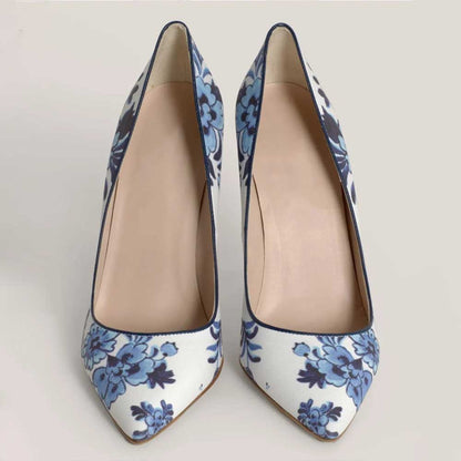 Women's White Pointed Toe Blue Floral Print Stiletto Heels Pumps