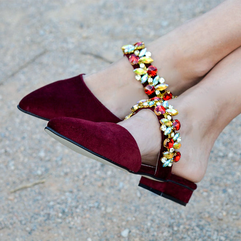 Women's Maroon Velvet Pointed Toe Flat Mules with Rhinestones Strap