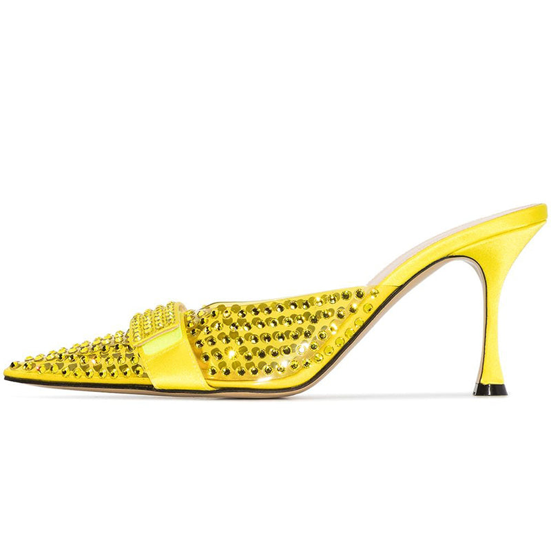 Yellow Rhinestone Kitten Heels Pointed Toe Transparent Mules
