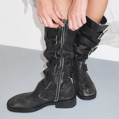 Black Square Toe Multi Buckle Straps Flat Mid Calf Boots with Zipper