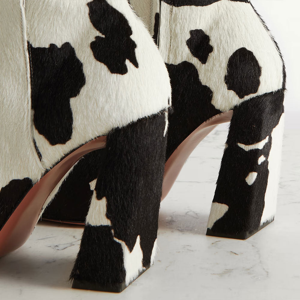 Black & White Square Toe Cow-Print Hair Block Heel Knee High Boots