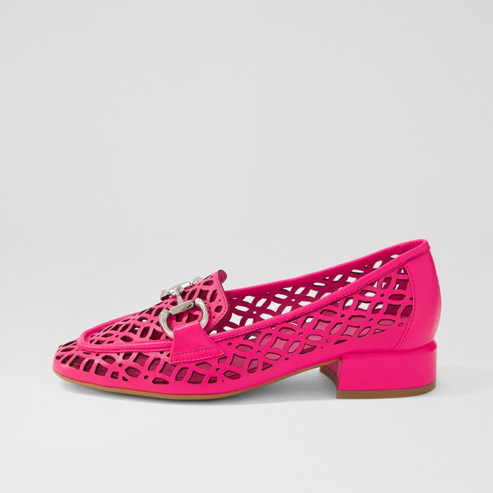 Hot Pink Square Toe Cutout Heeled Loafers with Horsebit