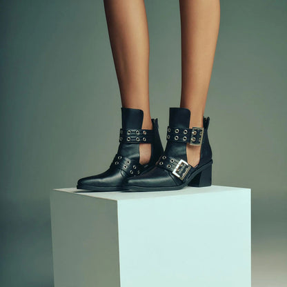 Black Mid Block Heel Cut-Out Pointed Toe Buckle Ankle Boots for Women