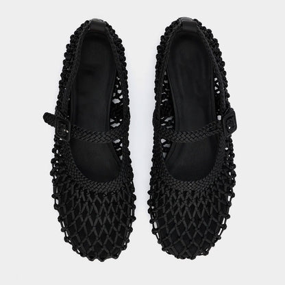 Black Knot Detail Round Toe Buckle Strap Braided Mary Jane Flats