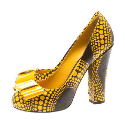Yellow Dot  Pumps With Bow Knot Chunky Heel Pumps