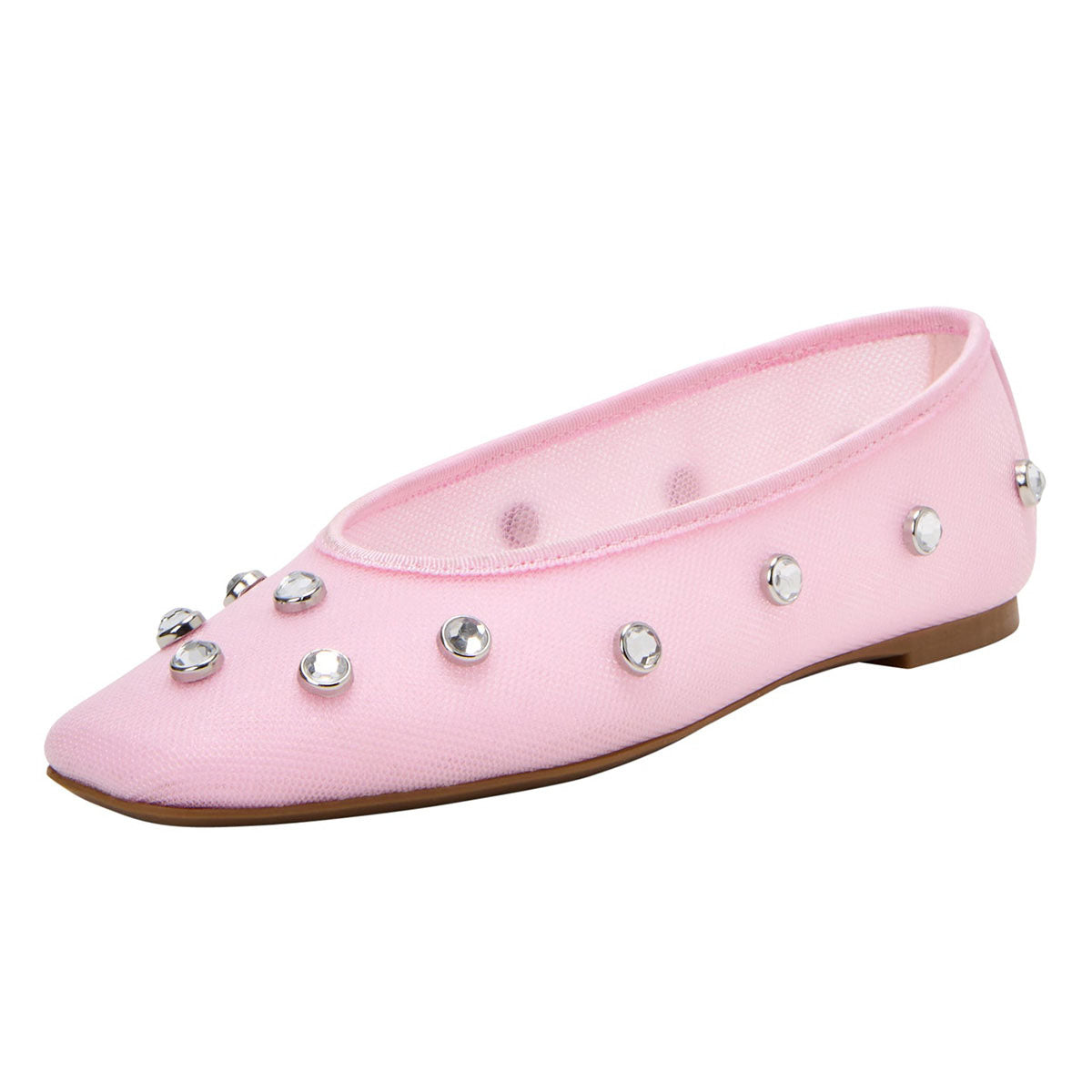 Mesh Ladies' Cute Square Toe Pink Ballet Flats with Studded Rhinestone