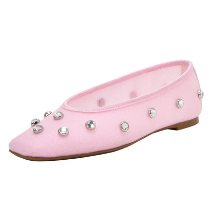 Mesh Ladies' Cute Square Toe Pink Ballet Flats with Studded Rhinestone
