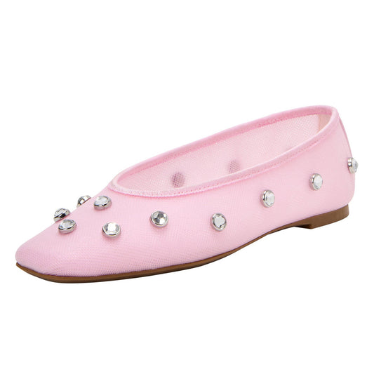 Mesh Ladies' Cute Square Toe Pink Ballet Flats with Studded Rhinestone
