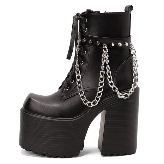 Women's Black Square Toe Platform Lace Up Ankle Boots with Chains