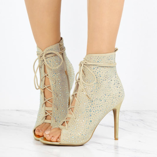 Beige Lace Up Peep Toe Rhinestone Ankle Boots for Women