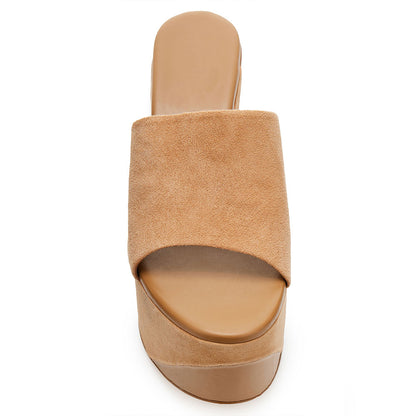 Women's Khaki Vegan Suede Open Toe Wedge Platform Mules