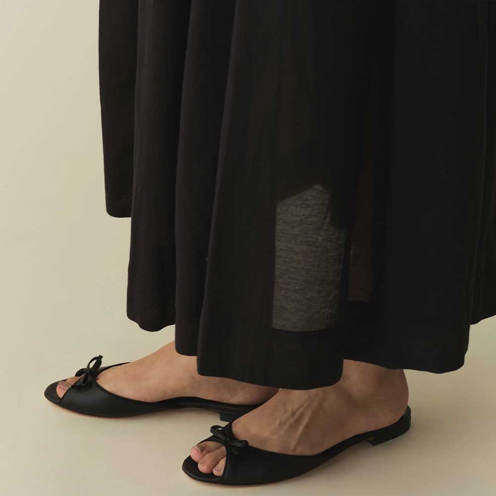 Black Vegan Leather Round Toe Bow Inlay Flat Comfy Lady's Slippers