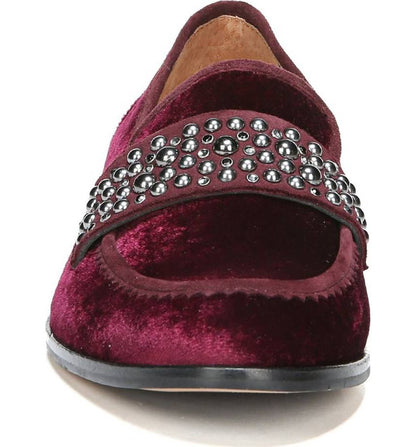 Burgundy Velvet Round Toe Studded Strap Low Heel Women's Loafers
