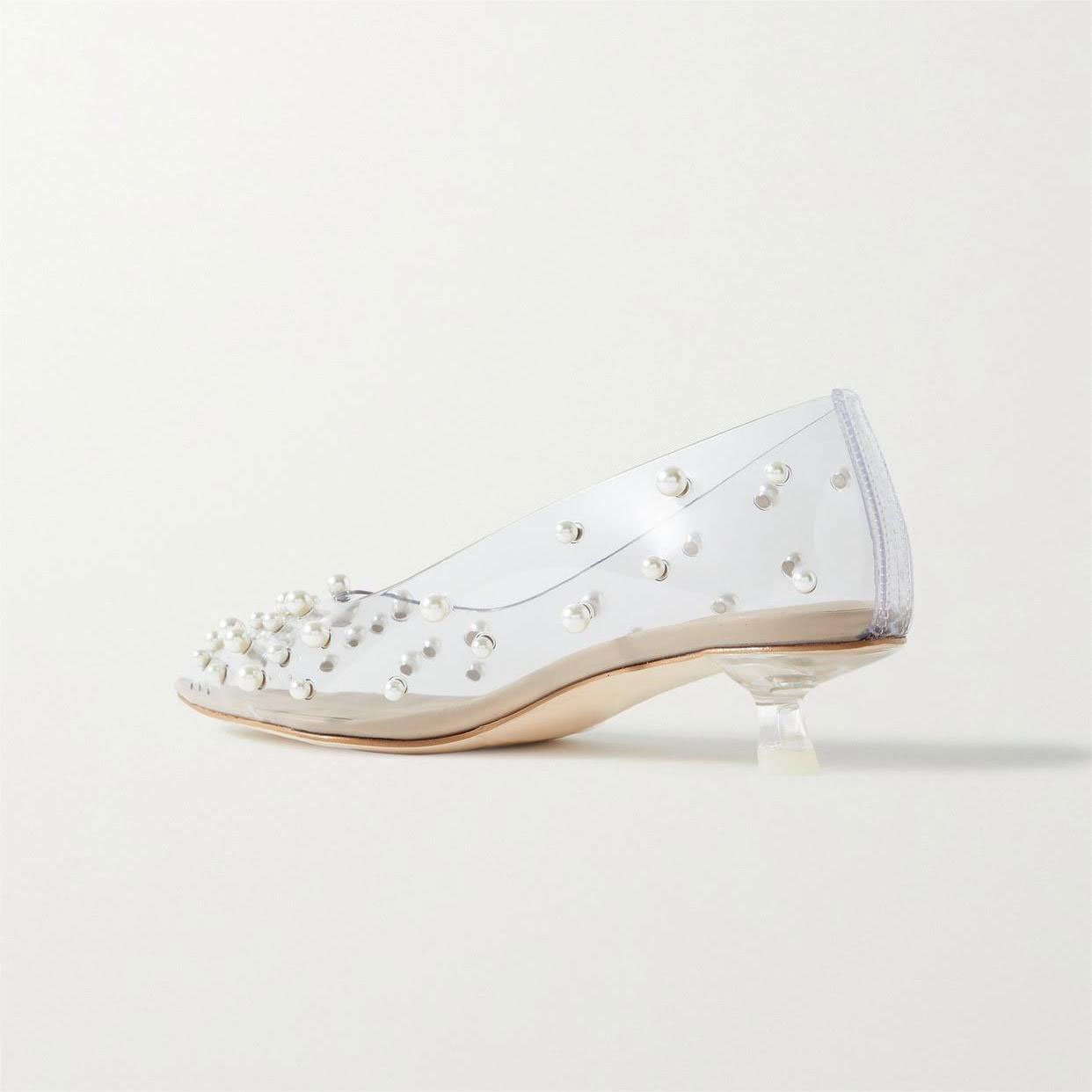 Women's Pearls Embellishment Clear Shoes Pointed Toe Kitten Heel Pumps