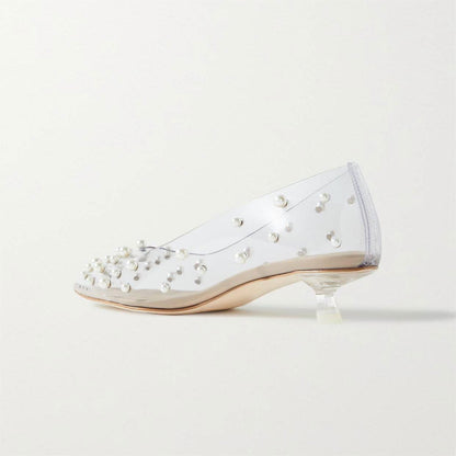 Women's Pearls Embellishment Clear Shoes Pointed Toe Kitten Heel Pumps