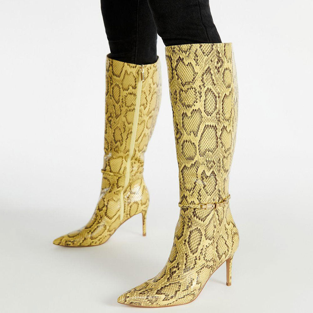 Yellow Python Embossed Stiletto Heel Buckle Decor Knee High Boots