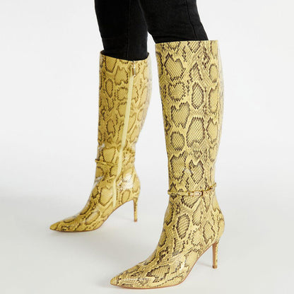 Yellow Python Embossed Stiletto Heel Buckle Decor Knee High Boots