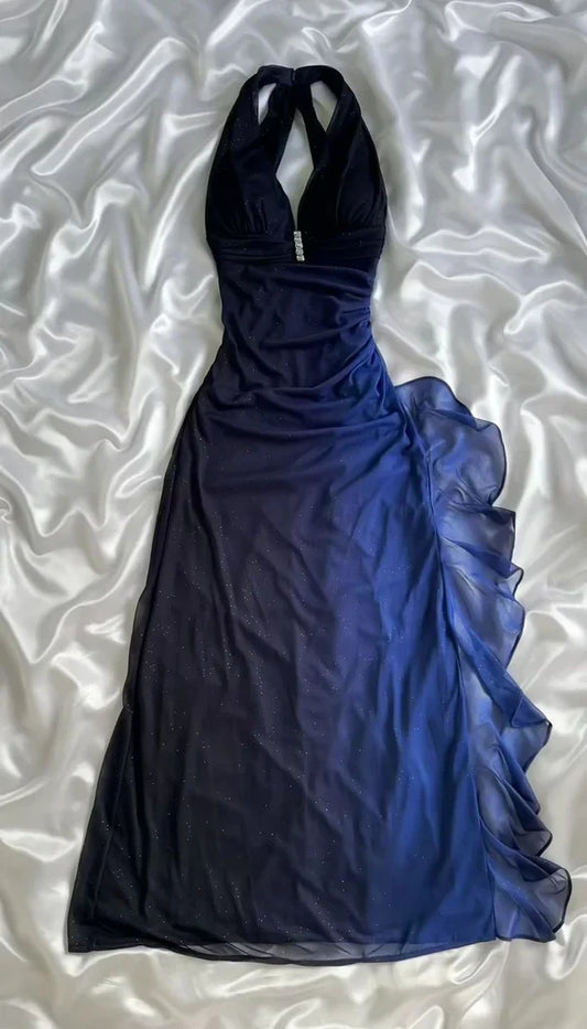 Vintage Gradient Navy Blue/Purple Exquisite Beaded Halter-neck Sheath Prom Dress Evening Dress TP4344