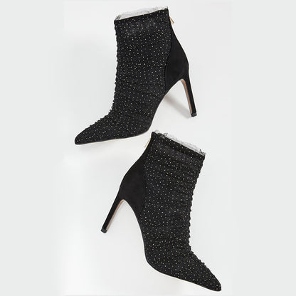 Black Mesh Ruched Pointed Toe Stiletto Heel Ankle Boots for Women