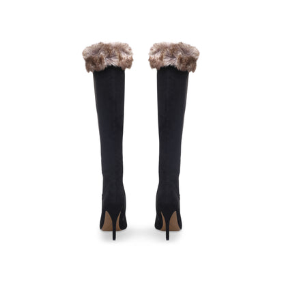 Black Stiletto Heels Faux Fur Trim Pointed Toe Knee High Boots