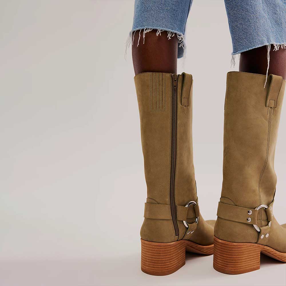 Olive Buckle Square Toe Chunky Heel Platform Zipper Mid Calf Boots